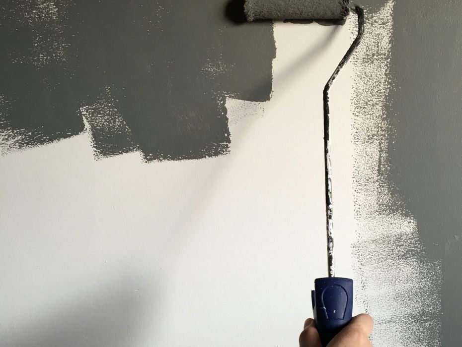 Persona pintando una pared blanca con pintura gris oscuro usando un rodillo manual de pintura